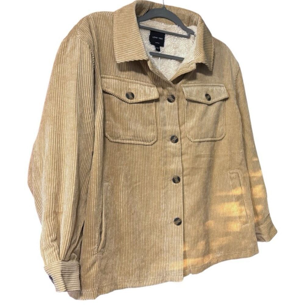 Tan Corduroy Button Up Jacket - Sherpa Lined Size Large NWT - Love Tree - Picture 5 of 13
